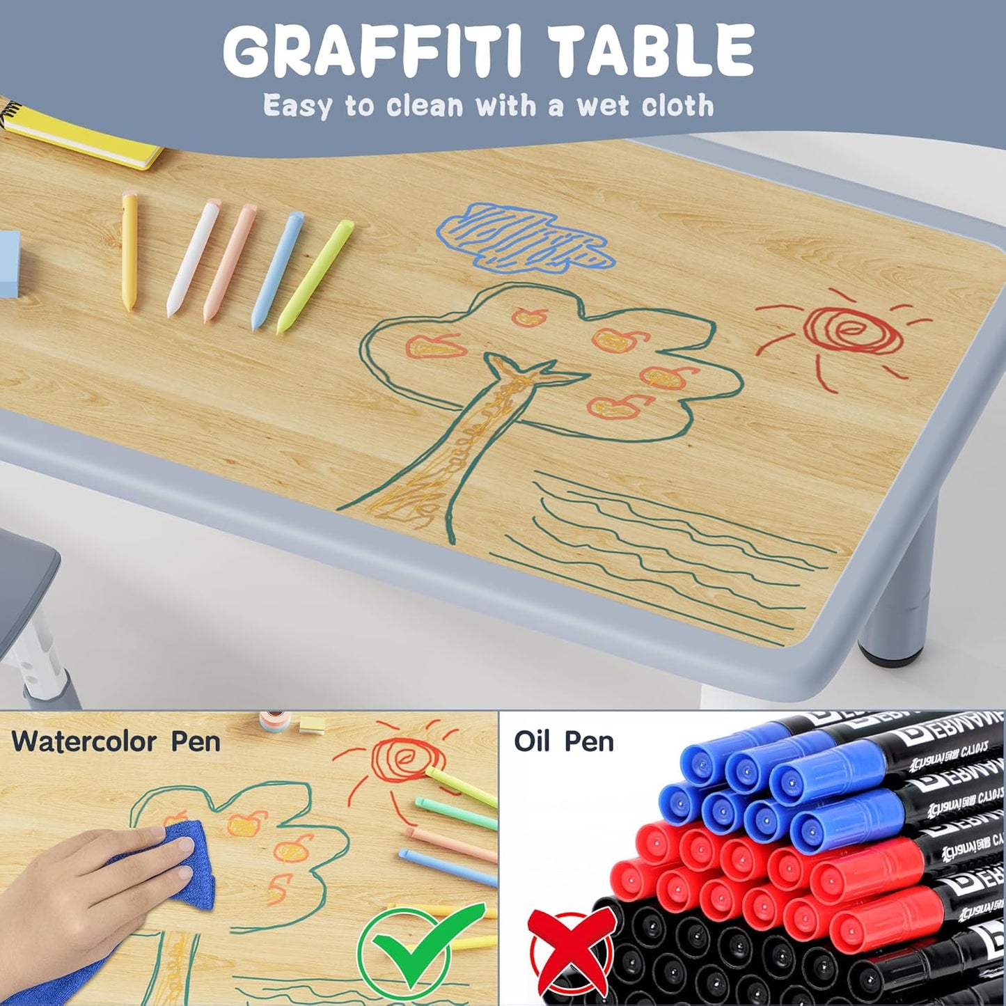 Brelley Kids Table and 4 Chairs Set, Height Adjustable Toddler Desk and Chair Set, Graffiti Desktop, Non-Slip Legs, Max 300lbs, Children Multi-Activity Table for Ages 2-8