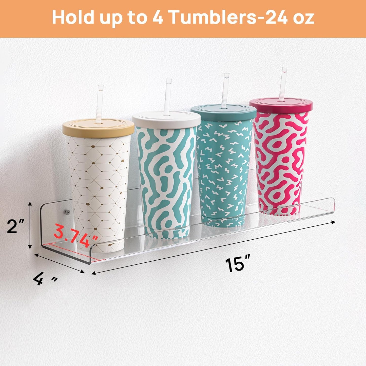 upsimples 4 Pack Acrylic Shelves for Wall Storage, 15" Floating Bookshelves for Kids, Display Shelf Organizer for Bathroom, Bedroom, Living Room, Kitchen, Room Decor, Clear