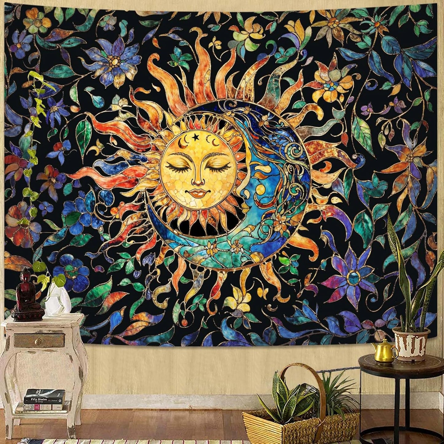 Aipon Sun and Moon Tapestry for Bedroom Boho Hippie Floral Wall Tapestry Aesthetic Vintage Stained Glass Plant Small Tapestries Wall Hanging for Living Room Dorm 60 x 44 Inch