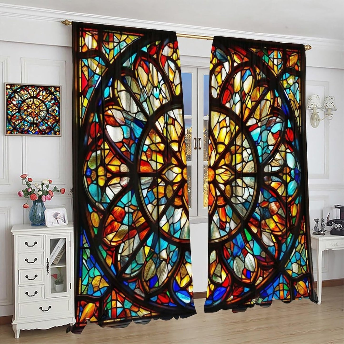 Stained Glass Curtains,Retro Mid Century Abstract Colorful Geometric Prints Home Decor Drapes for Bedroom Living Room Kitchen Window Treatment 2 Panels Set Total Size 72" W X 63" L Inch