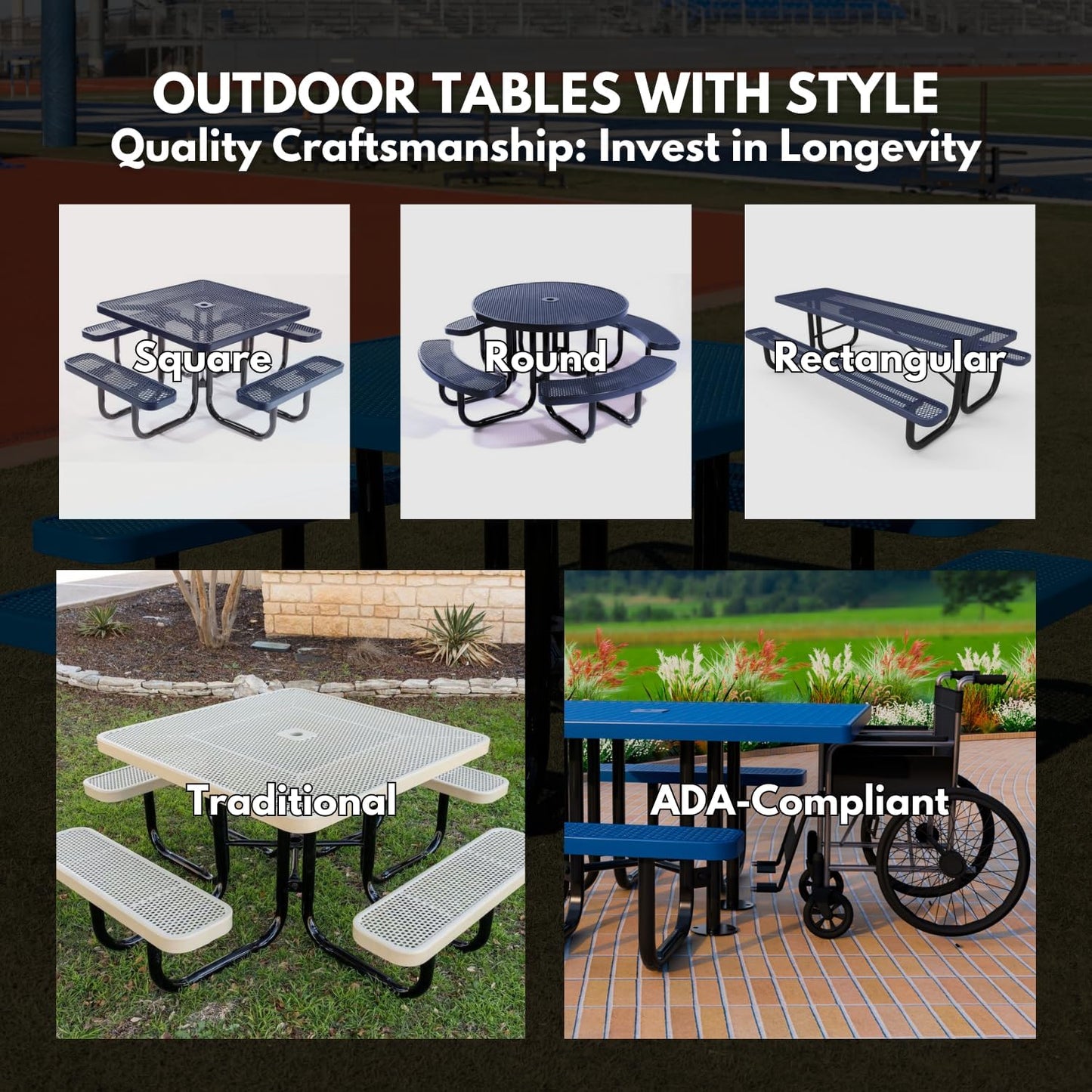 Coated Outdoor Furniture Heavy-Duty Portable Outdoor Picnic Table with Umbrella Hole, Expanded Metal Commercial-Grade Patio Dining Furniture Made in America (46" Round Top, Textured Brown)