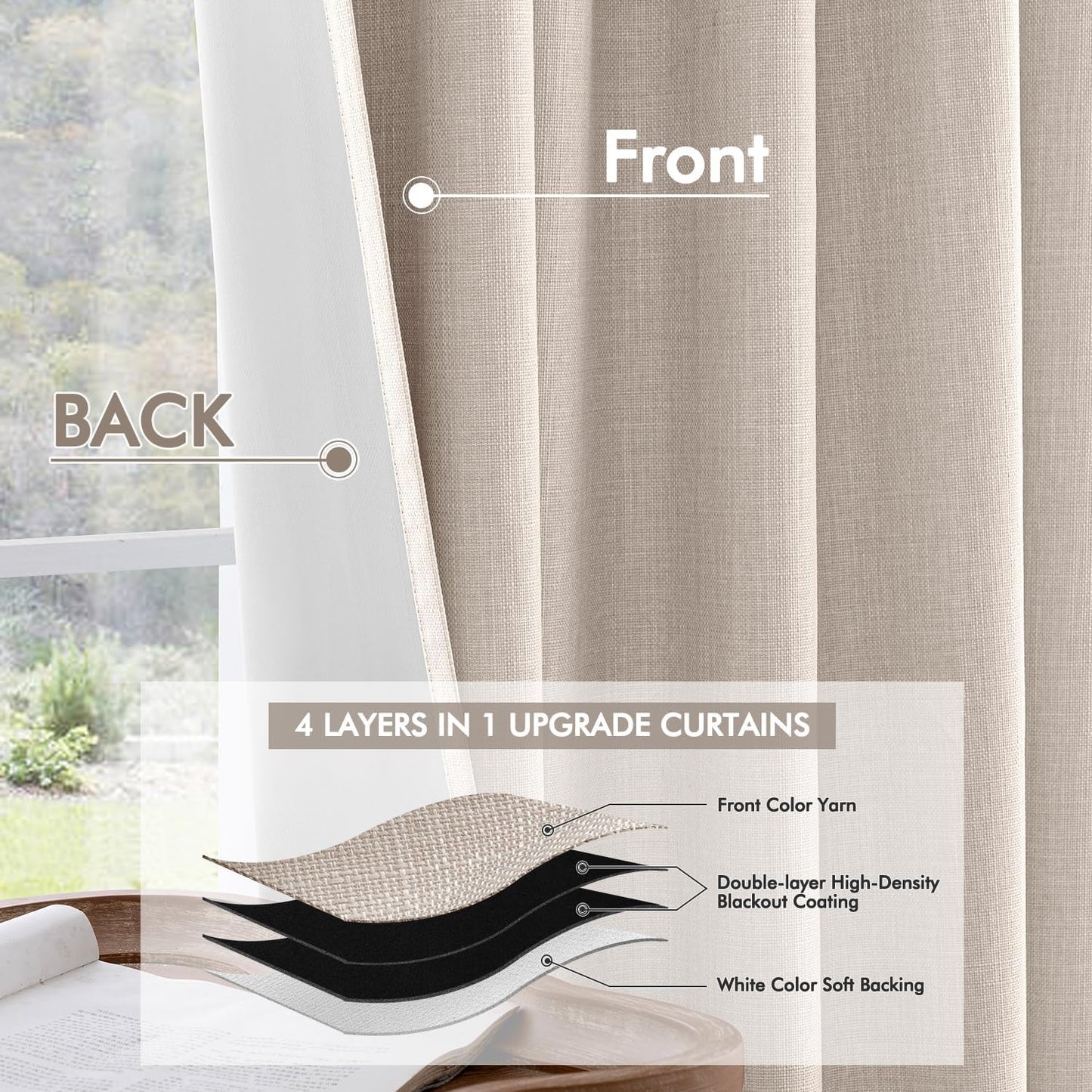 MIULEE 100% Blackout Curtains 102 Inch Long 2 Panels Set for Bedroom, Thick Luxury Faux Linen Black Out Curtain Room Darkening Back Tab Pleat Window Textured Drapes with Hooks for Living Room, Beige