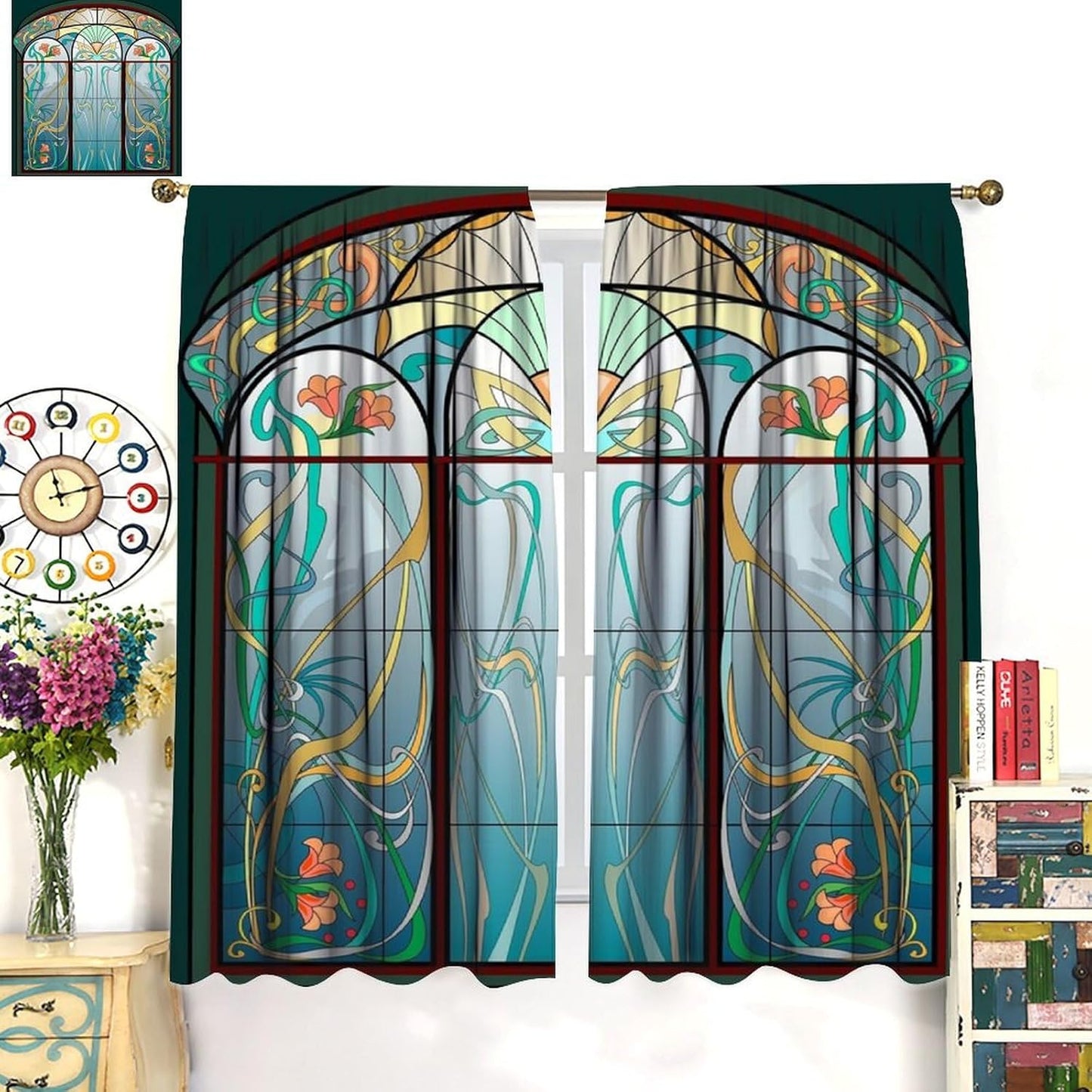 Stained Glass Curtains, Retro Mid Century Boho Abstract Art Home Decor Drapes for Bedroom Living Room Kitchen Window Treatment 2 Panels Set Total Size 63" W X 63" L Inch