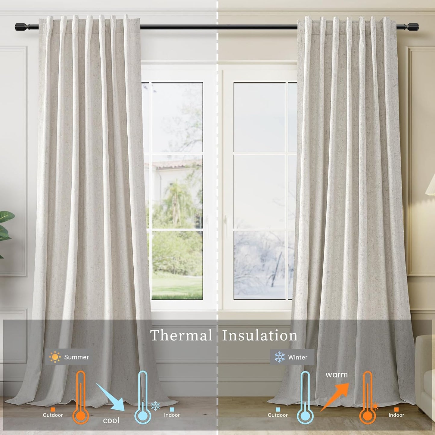 100 Inch Blackout Curtains 2 Panels Set Back Tab Thermal Insulated Natural Linen Textured Black Out Curtains Noise Reducing Cream Colored Neutral Living Room Darkening Window Drapes Pleated 52x100