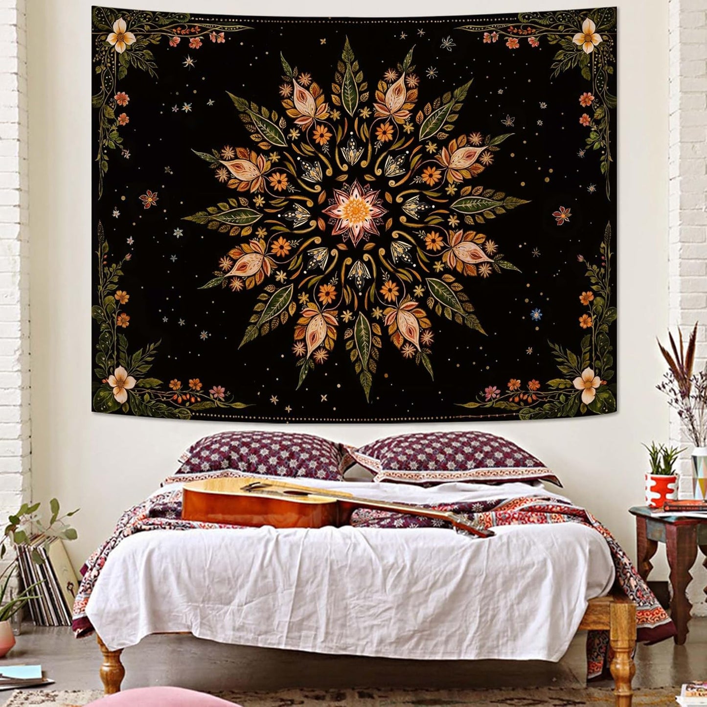 Fowocu Boho Floral Mandala Tapestry for Bedroom Aesthetic Vintage Bohemian Flower Wall Tapestry Black Green Hippie Indian Tapestries Wall Hanging for Living Room Dorm Decor 60 x 44 Inch
