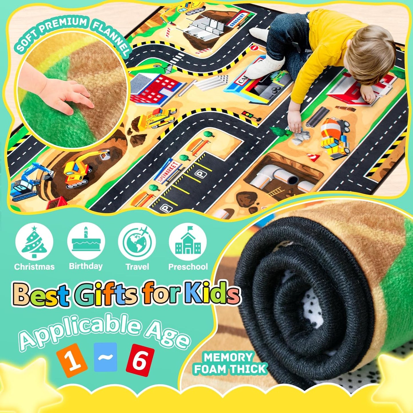 Kids 6x9 Ft Construction Site Play Rug, Baby Play Mat, Tufted Wool & Rubber, Non-Slip, Stain & Fade Resistant, Machine Washable, Rustic Cartoon Construction Site Pattern