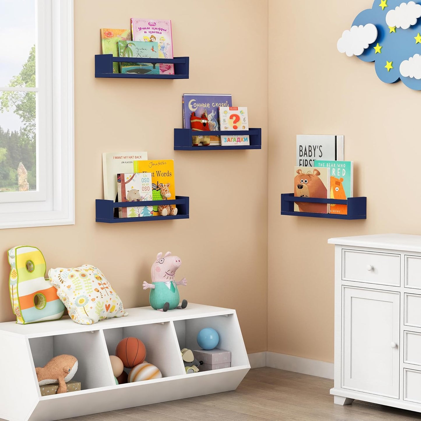Forbena Navy Blue Floating Book Shelves for Nursery Boy, Decorative Wall Bookshelf for Kids Room, Small Wood Floating Shelves Wall Mounted for Boys Bedroom Bathroom (Set of 4, Blue)