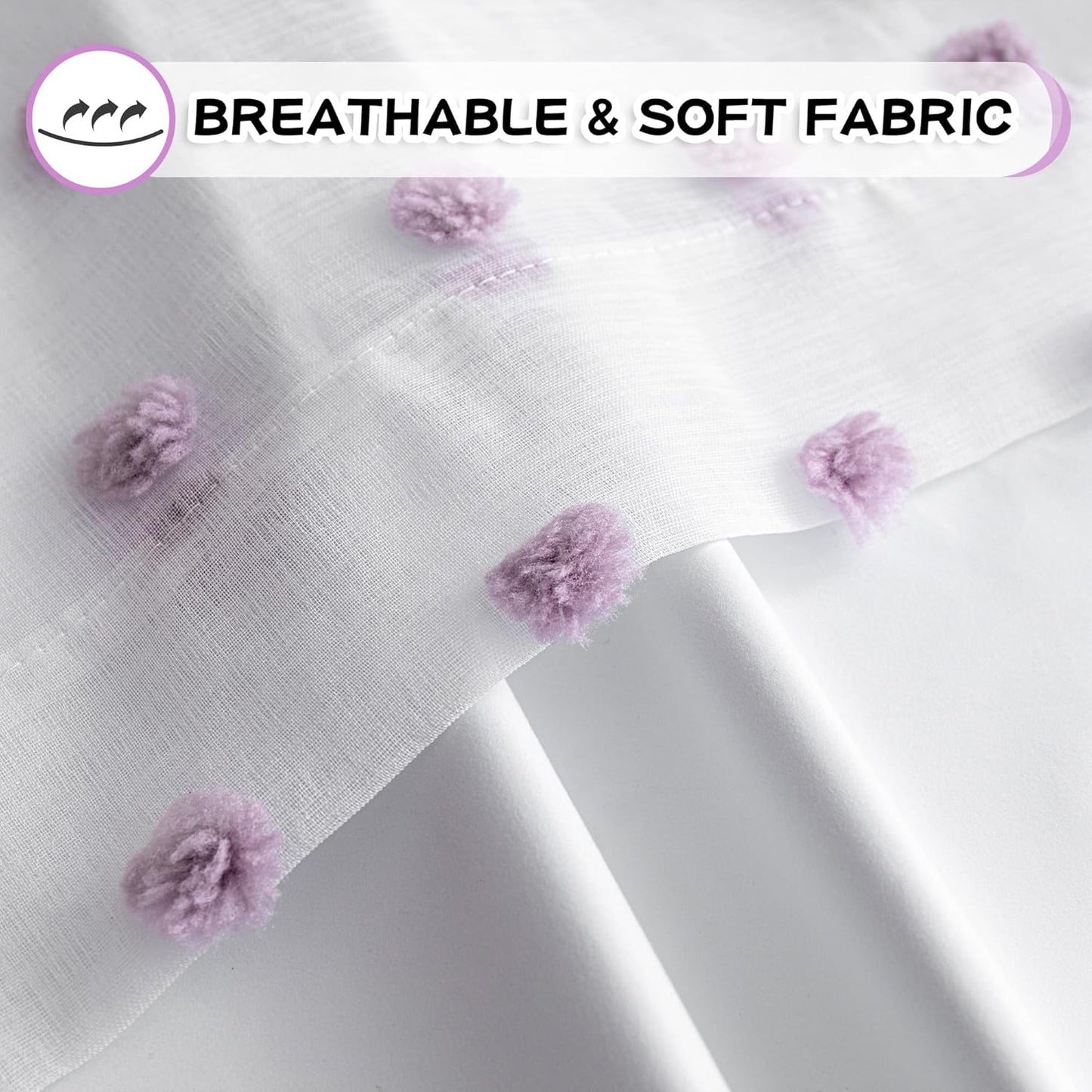 MYSKY HOME 100% Blackout Curtains for Nursery Thermal Insulated Purple Pom Pom Curtains 72 Inch Long for Girls Bedroom 2 Panels White Sheer Curtains for Kitchen Dining Room Door Grommet, 52 x 72 in