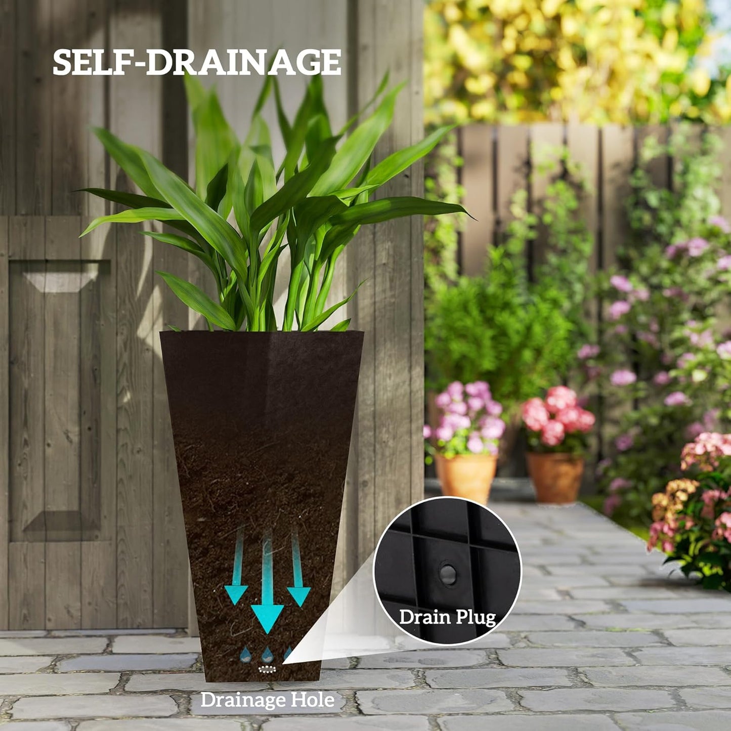 Outsunny Tall Planters for Outdoor Plants Set of 3, 28 in Taper Planters with Drainage Holes, Indoor Grande Plant Pots, Front Porch Decor, Brown