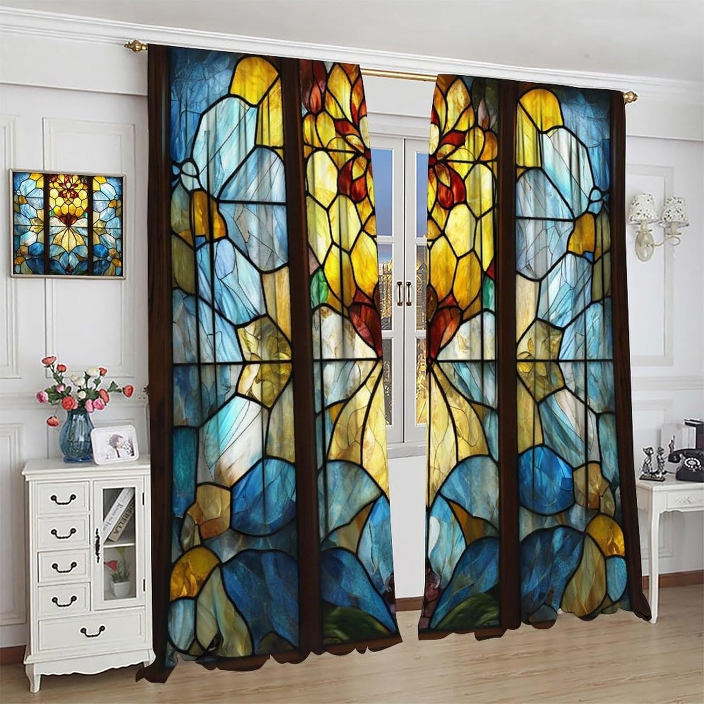 Stained Glass Curtains,Retro Abstract Colorful Art Home Decor Drapes for Bedroom Living Room Kitchen Window Treatment 2 Panels Set Total Size 52" W X 84" L Inch