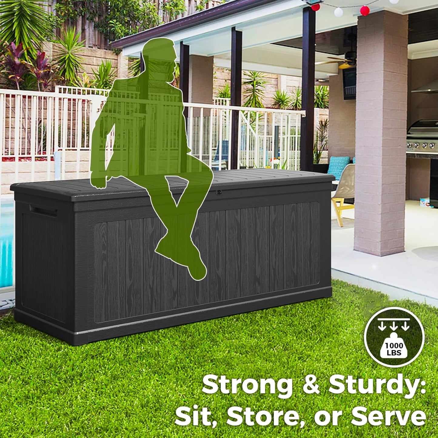 260 Gallon Outdoor Extra Large Resin Storage Box, Waterproof Deck Box Lockable & UV-Resistant, Outside Cushion Storage for Patio Furniture, Garden Tools, Pool Accessories, Black