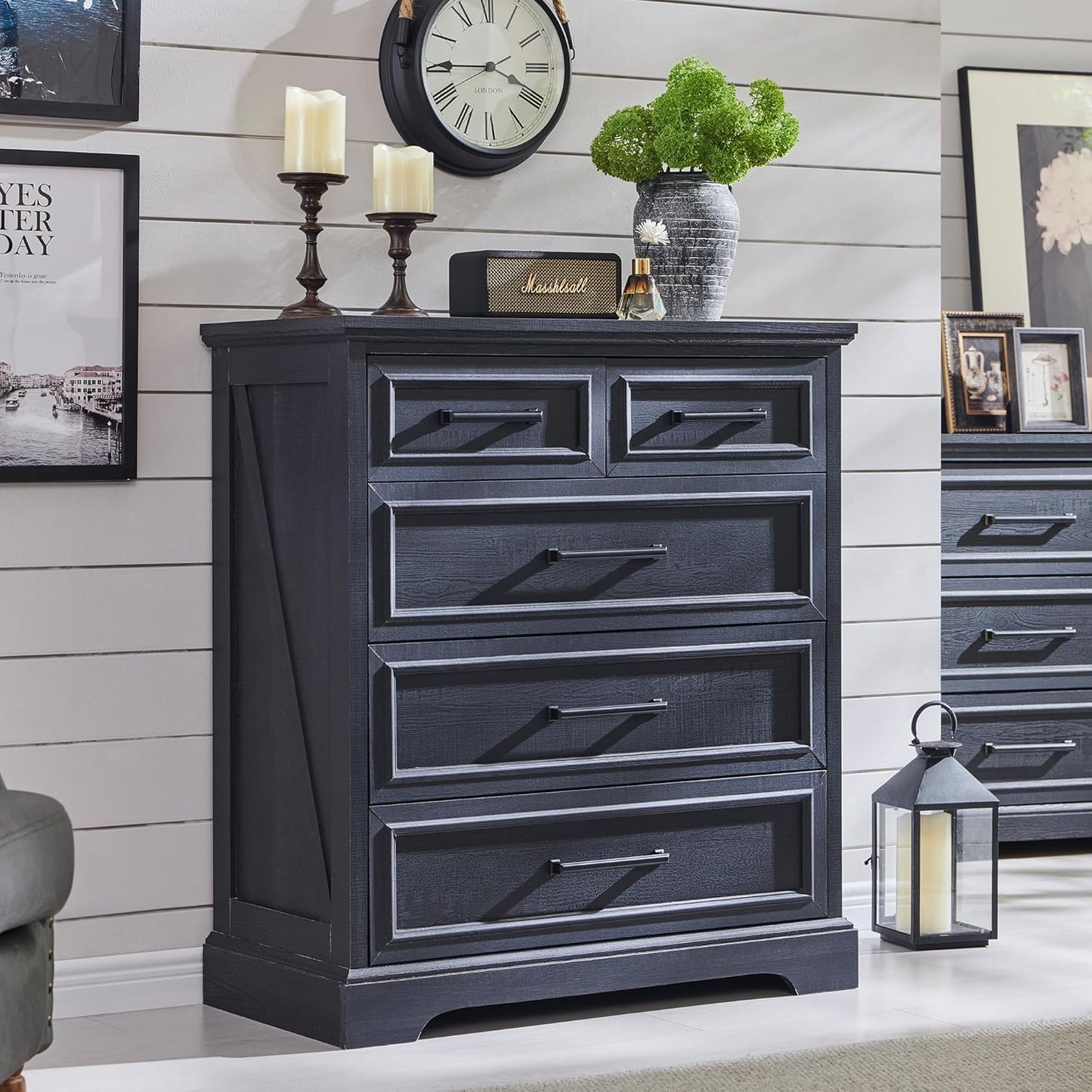 Farmhouse 5 Drawer Dresser for Bedroom, 36 Inch Tall Modern Chest of Drawers, Rustic Wood Storgae Organizer with Large Drawers & Bar Handles for Bedroom, Living Room, Hallway, Black