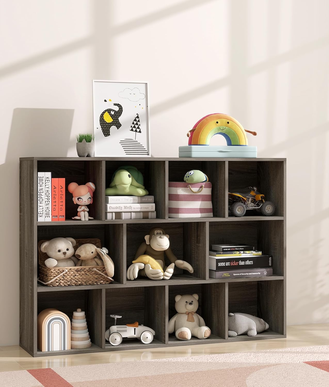 11-Cube Kids Toy and Book Storage Organizer – Wooden Cube Bookcase for Playroom and Nursery Organization, Baby Bookshelf and Kids Shelves for Room or Classroom, French Oak Finish