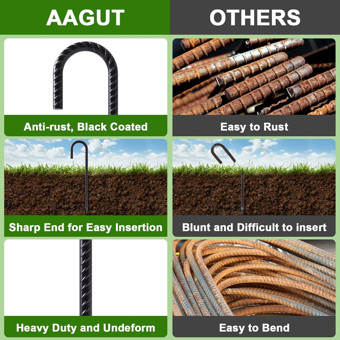 AAGUT 16 Inch Rebar Stakes 3/8" J Hook (16pcs) Heavy Duty Steel Ground Anchors Tent Stakes Ground Stakes with Chisel Point End for Chain Link Fence, Black