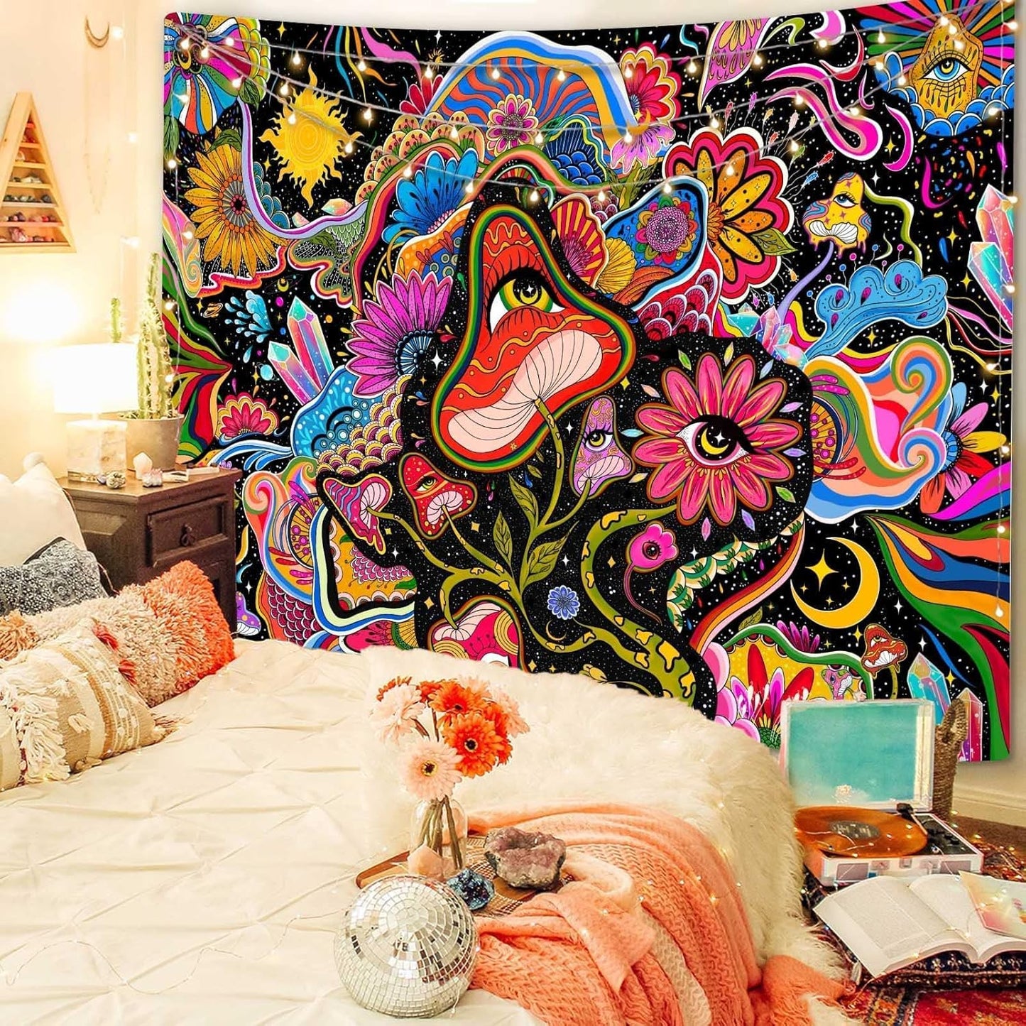 Lunerfex Mushroom Tapestry Pink Flowers Tapestry for Bedroom Aesthetic Tapestries Cute Floral Tapestries Wall Hanging for Bedroom and Living Room Decor Pink Flowers 50×60 Inches