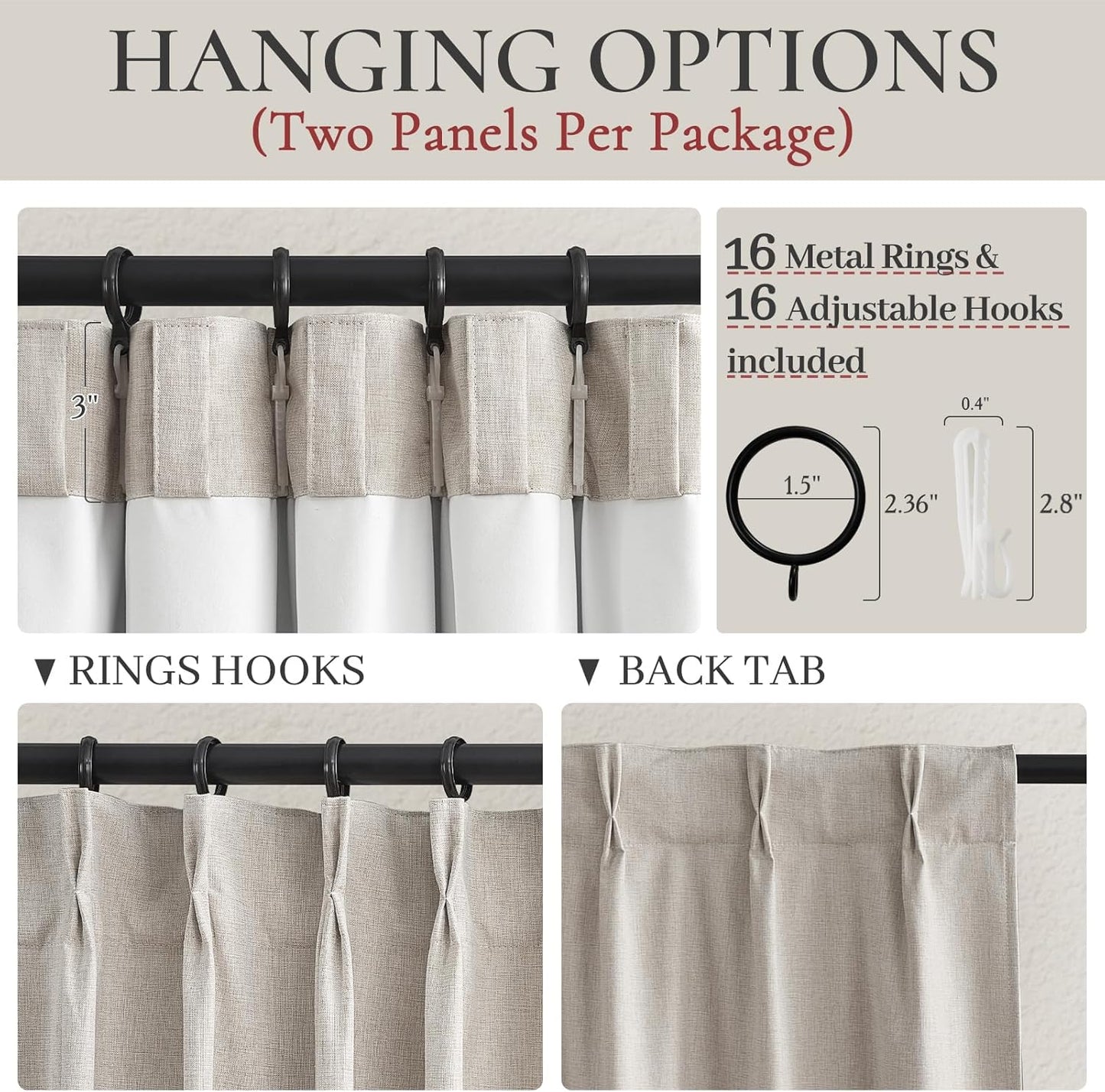 Linen Curtains 120 Inches Long for Bedroom, Ceiling Mount Track Curtains with Back Tab Pinch Pleated Blackout Drapes for Sliding Glass Patio Doors Inside 10 ft Large Window Farmhouse 2 Panels