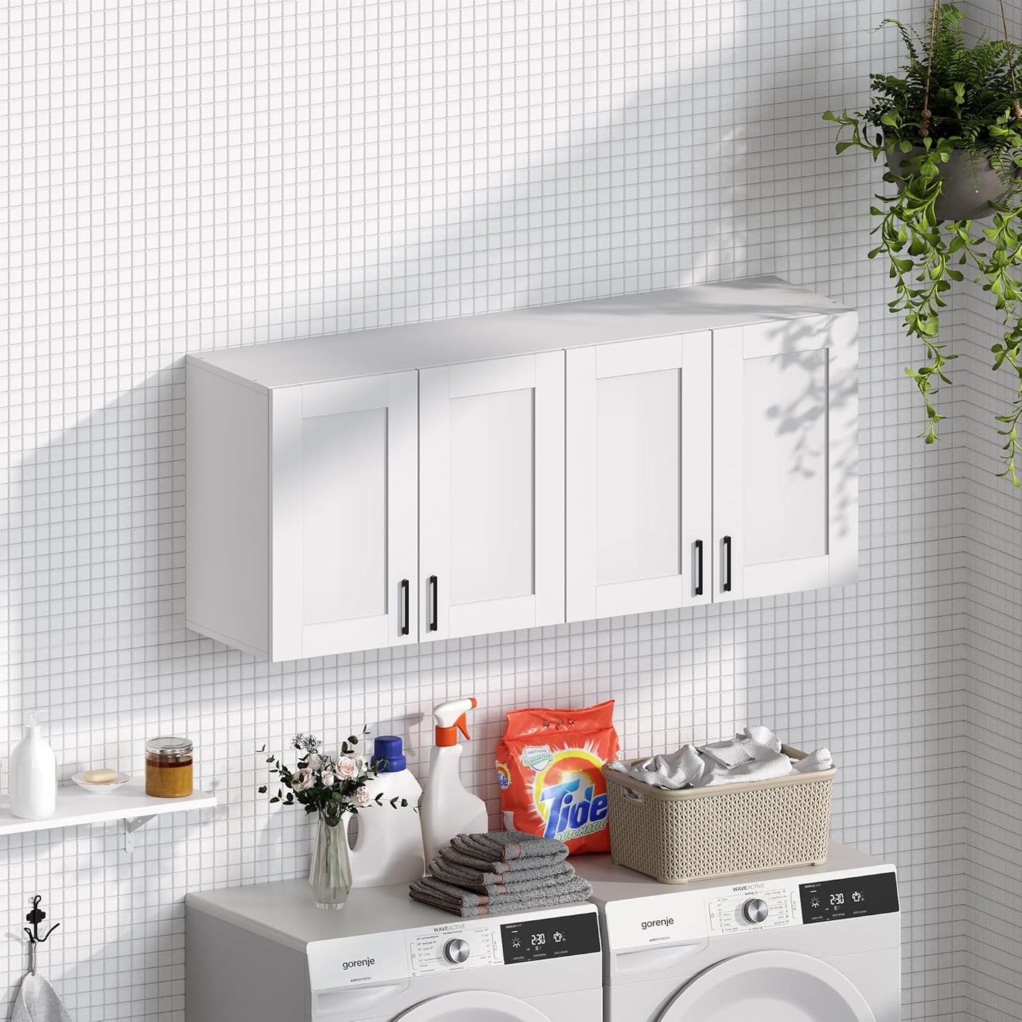 White Laundry Room Cabinets and Storage with 4 Doors and Utility Adjustable Shelf，Gabinetes Para Cocina Cupboard Kitchen Organizers and Storage Pantry Wall Mounted 12.4"D x 47.2"W x 19.7"H