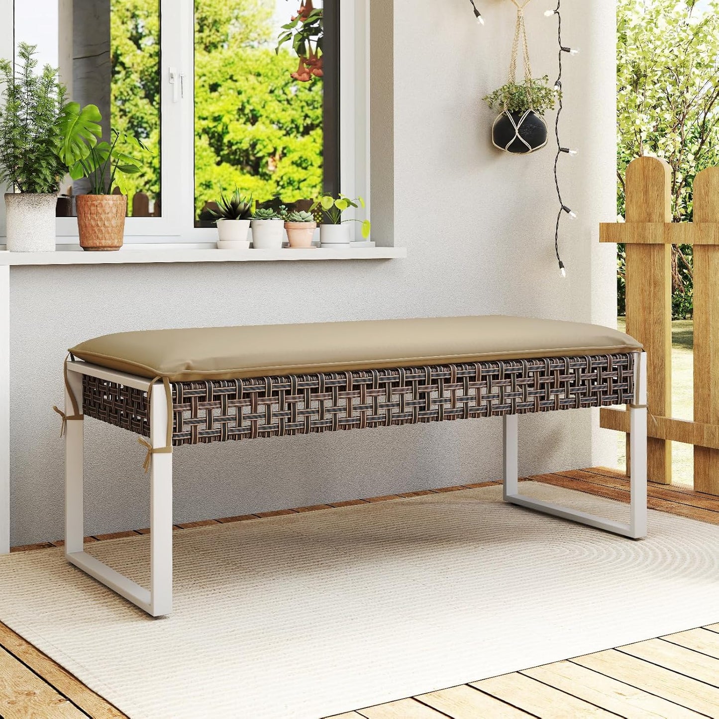 Tangkulka Outdoor Ottoman, Patio Rattan Heavy Duty Wicker Footrest with Soft Cushion & Metal Frame, Extra Seating, for Porch, Backyard, Lawn and Poolside (1)