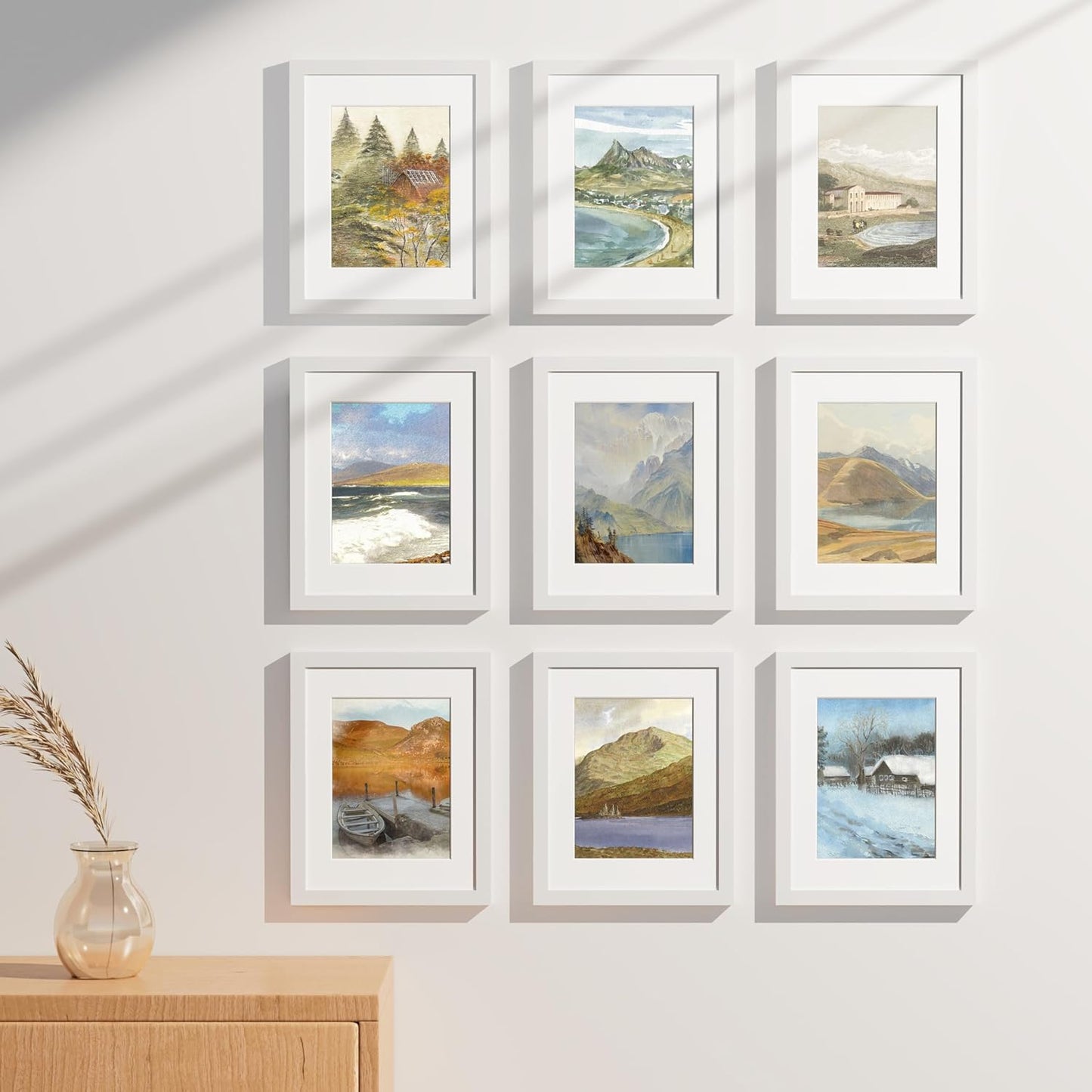 Vittanly 8.5x11 Picture Frames Set of 9, Shatter Resistant Plexiglass, Display 6x8 Pictures with Mat or 8.5x11 without Mat, Photo Frames for Wall or Tabletop, Engineered Wood, White
