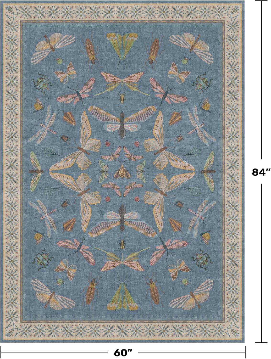 Cute Blue Rugs for Kids Room Boys - Washable 5x7 Area Rugs for Nursery, Baby Bedroom, Toddler Playroom, Insect Bug Print Carpet, Soft Non Slip Stain Resistant