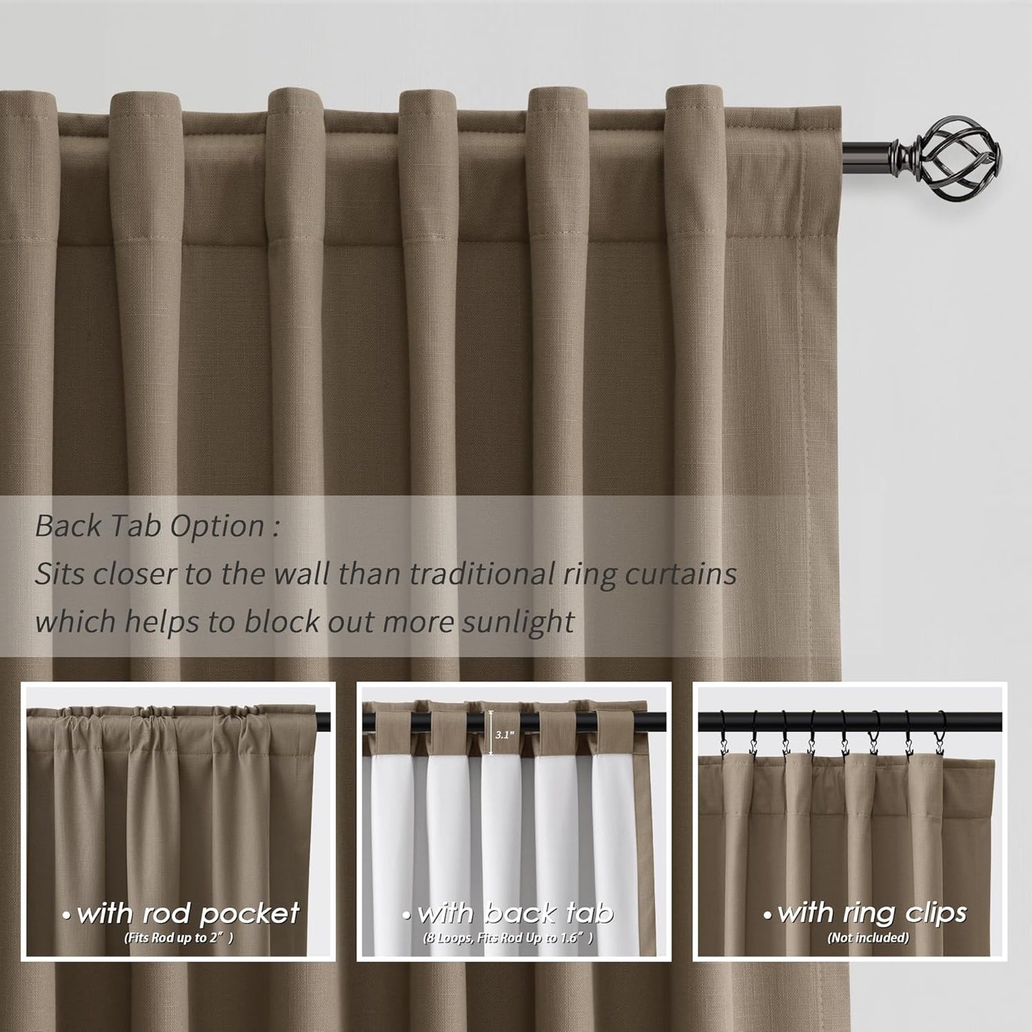 BOODII 100 Inch Blackout Curtains 2 Panels Set Back Tab Thermal Insulated Dark Brown Linen Textured Black Out Curtains Noise Reducing Neutral Living Room Darkening Window Drapes Pleated Look 52x100