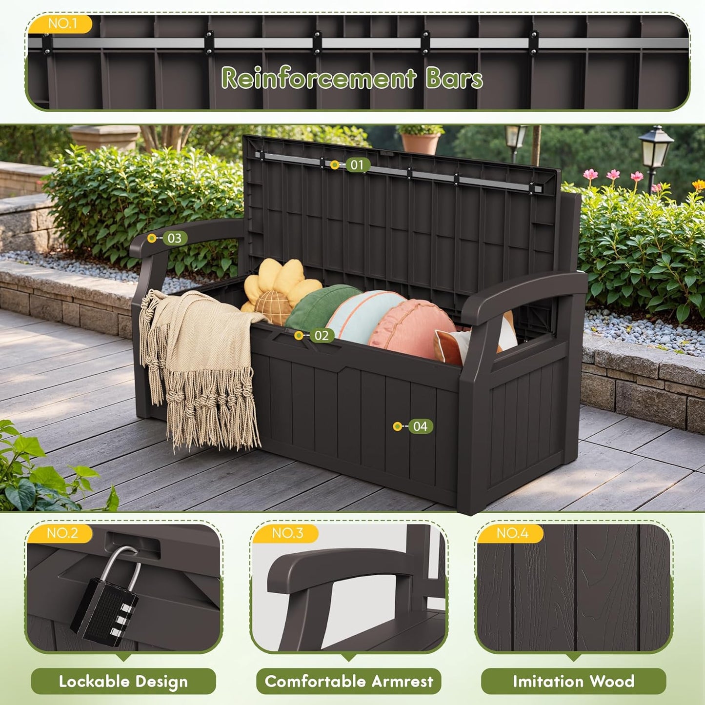 Greesum 80 Gallon Storage Bench Outdoor Deck Box with Armrest, Patio Furniture,Lockable, Waterproof and UV Resistant, Suitable for Garden, Pool, Brown
