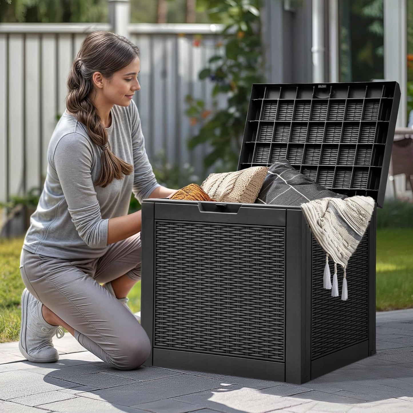 YITAHOME 32 Gallon Outdoor Storage Box, Water Resistant Resin Deck Box, Indoor Outdoor Lockable Storage Container for Patio, Garden, Cushions, Tools, Equipment (Black)