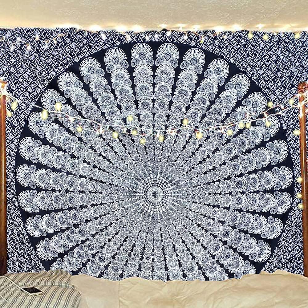 Bless International Handmade Indian hippie Bohemian Psychedelic Peacock Mandala Wall hanging College Dorm Beach Throws Table Cloth Bedding Tapestry (Black White, Medium(54x60Inches)(137x152cms))