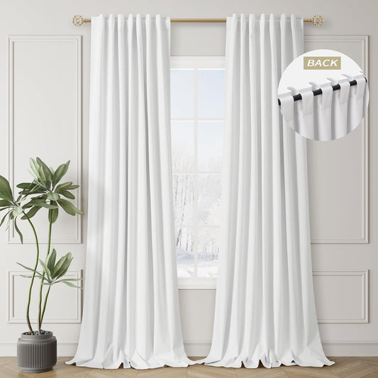White Linen Black Out Curtains for Ceiling Living Room 120 Inches 2 Panels Set Extra Long Blackout Curtains Back Tab Hook Belt Thermal Insulated Heat Blocking Drapes for Large French Window Doors