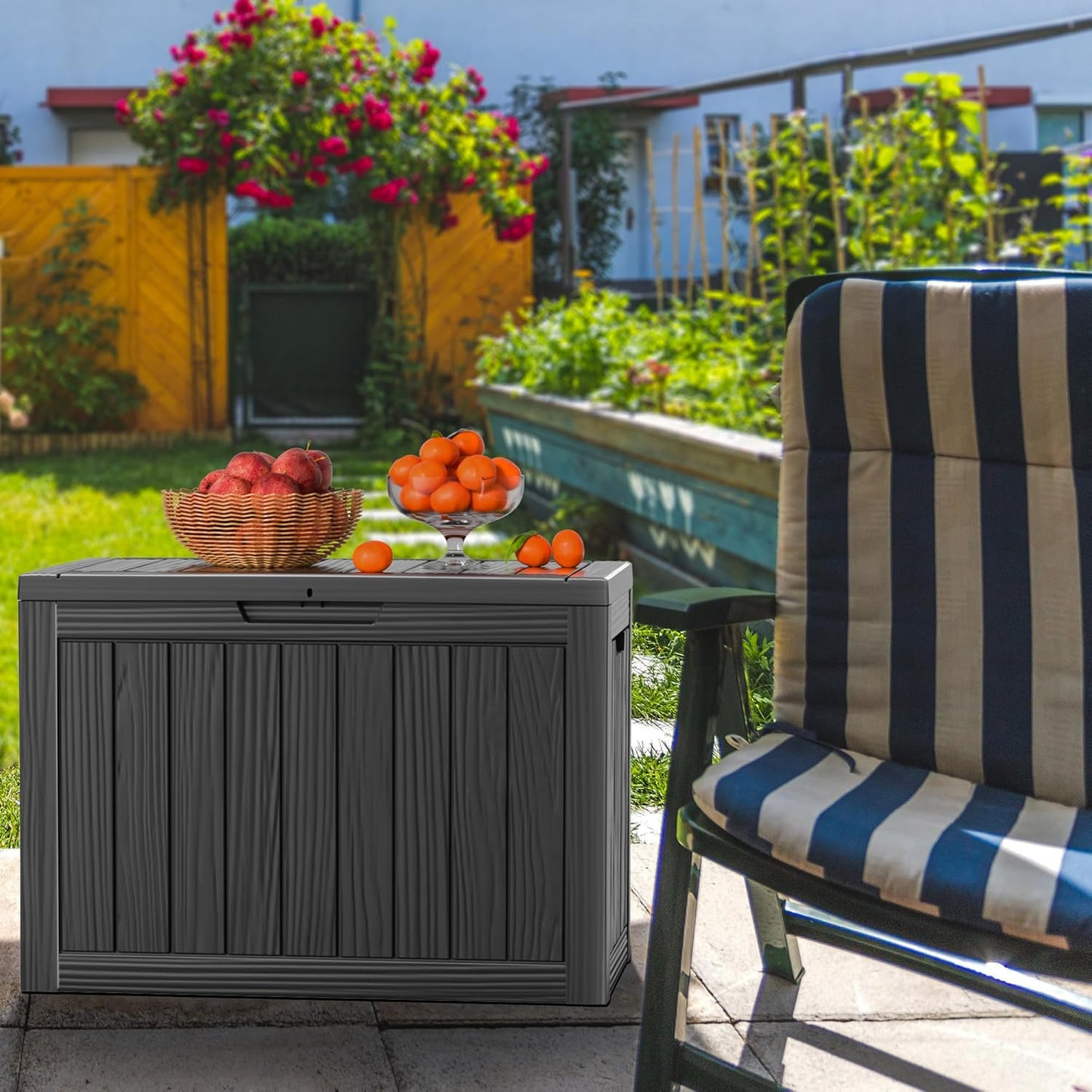 45 Gallon Outdoor Deck Box,Storage Lockable Waterproof Patio Furniture,Garden Tools,Cushions,Pool Accessories Outside Storage Resin Box(Black)