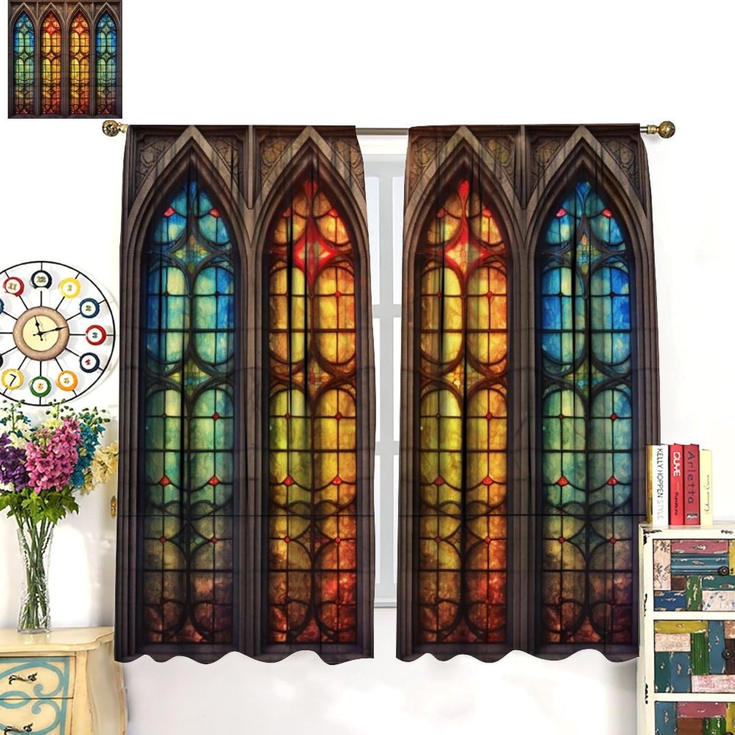 Stained Glass Curtains,Mid Century Vintage Style Abstract Art Home Decor Drapes for Bedroom Living Room Kitchen Window Treatment 2 Panels Set Total Size 55" W X 63" L Inch