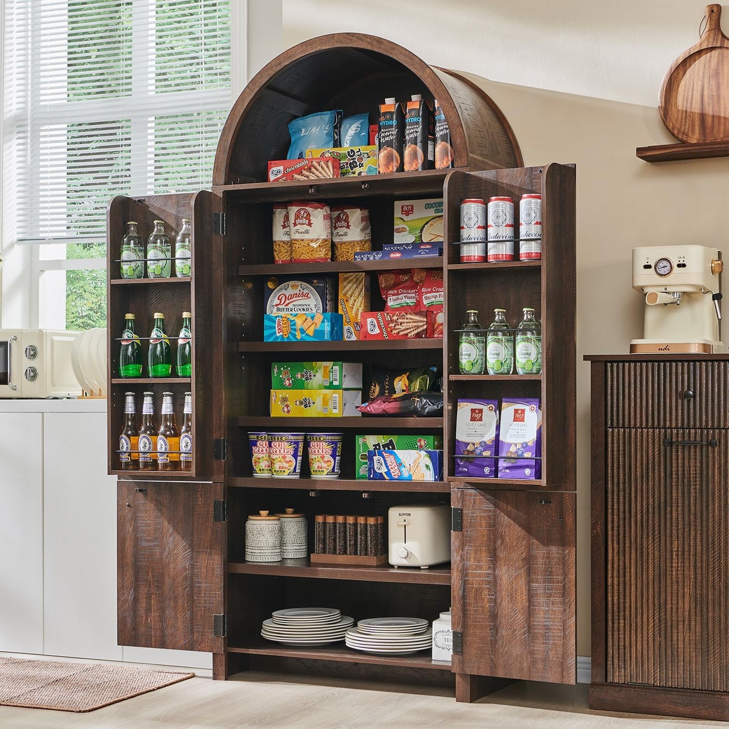 71" Tall Arched Bathroom Storage Cabinet, Modern Fluted Storage Cabinet w/Doors, 3 Adjustable Shelves, 6 Door Shelves, Wood Freestanding Cabinet for Bathroom, Entryway, Hallway, Brown