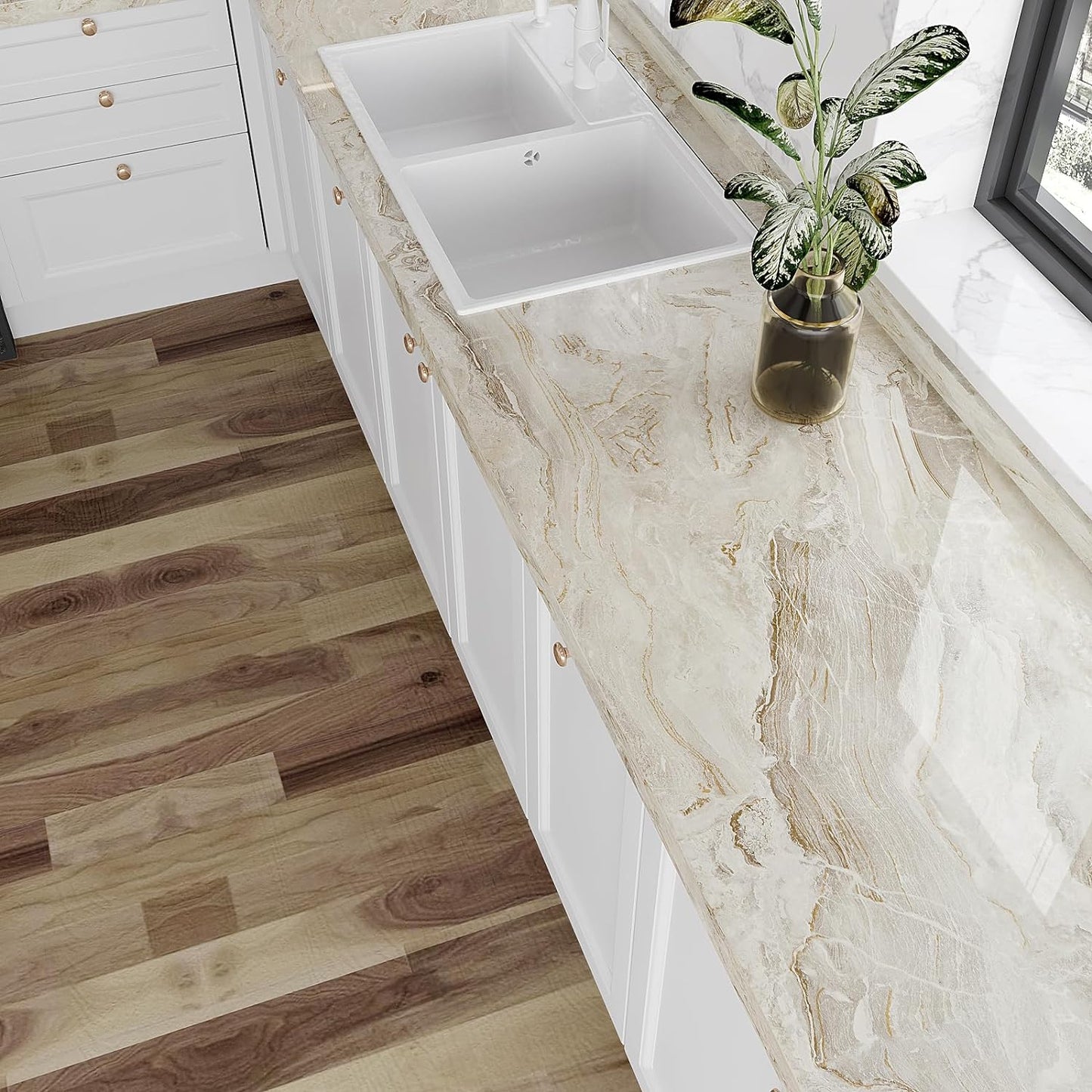 VEELIKE Wide 32''x354'' Beige Gold Marble Contact Paper for Countertops Peel and Stick Waterproof Countertop Vinyl Wallpaper for Kitchen Bathroom Glossy Marble Wallpaper Peel and Stick for Walls Table