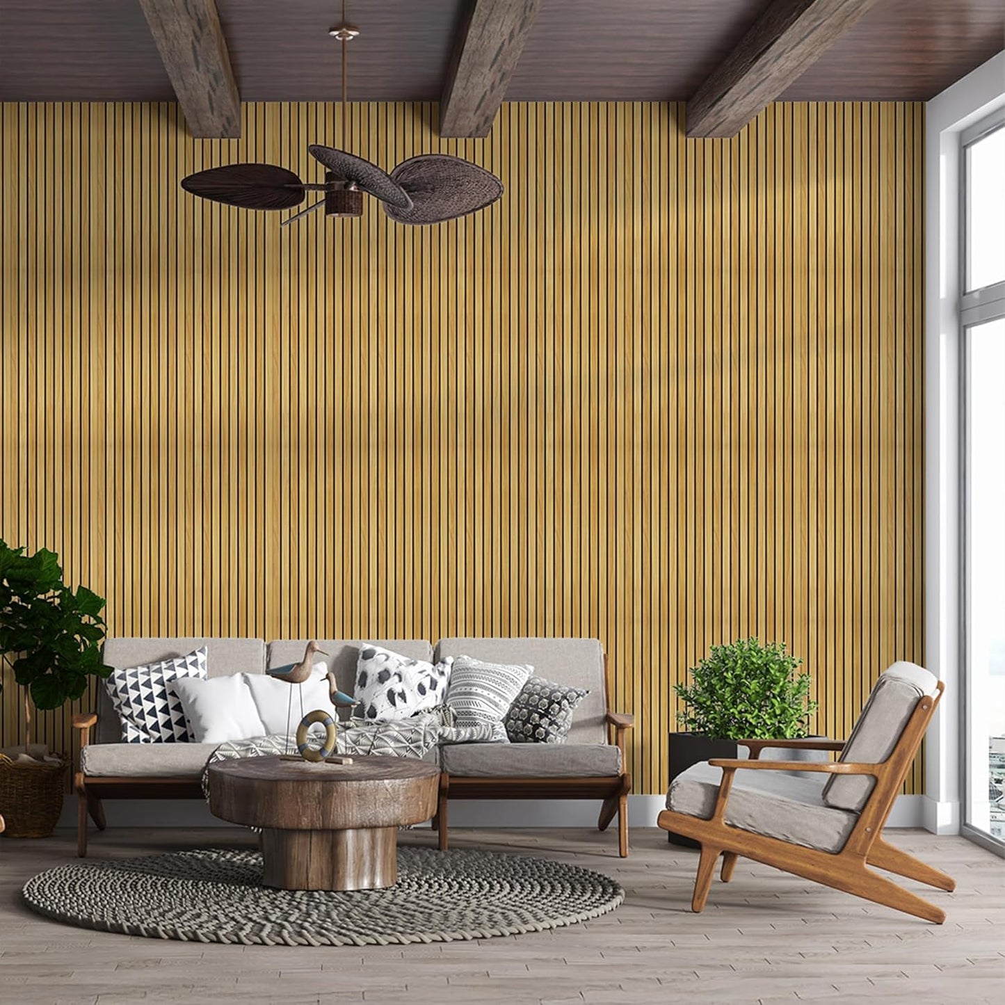 IZODEKOR 3D Wood Effect Styrofoam Wall Panels - Faux Wood Look Wall Panels for Living Room - Fake Acoustic Wood Slat Wall Panels - Pack of 10, Covers 50 sq ft.