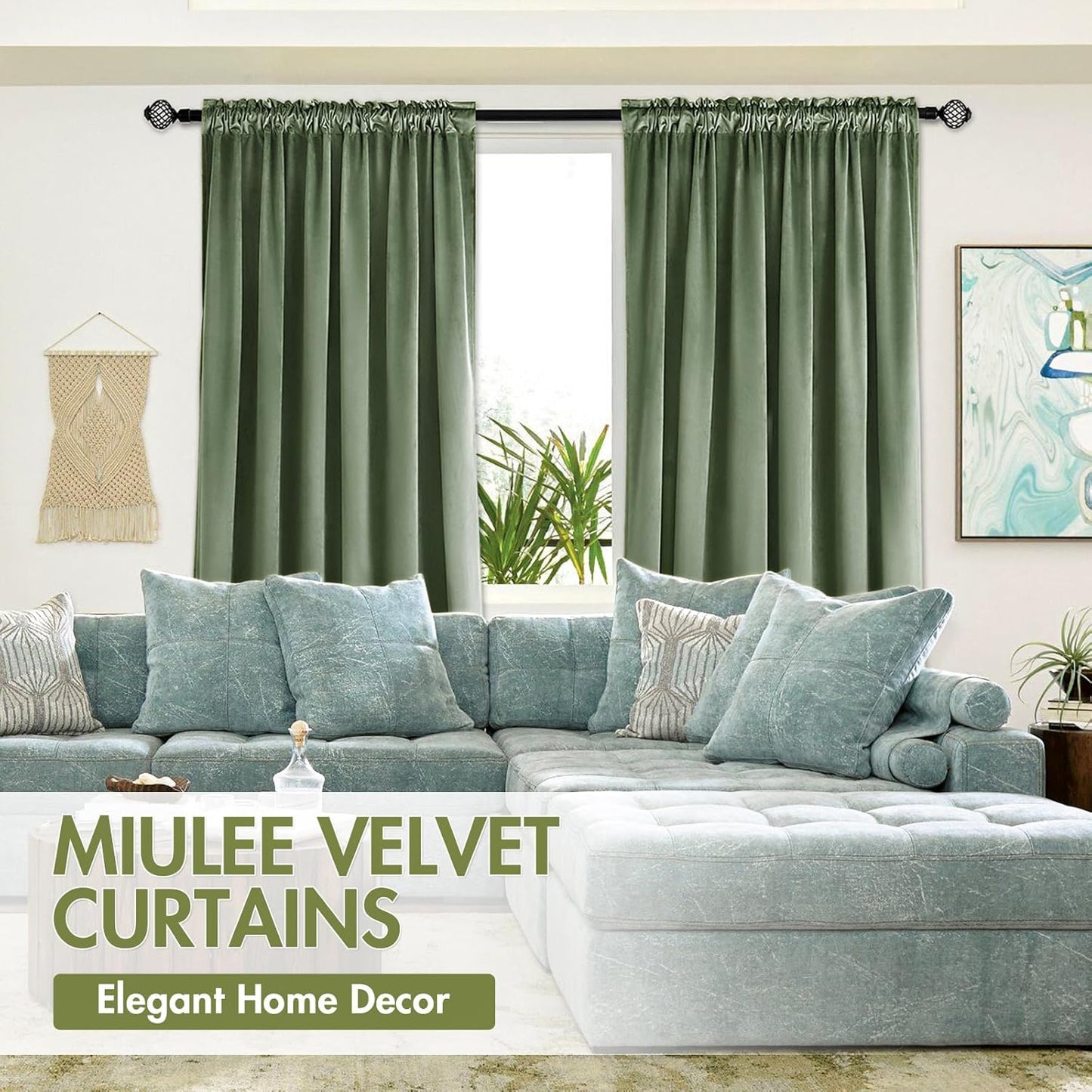 MIULEE Velvet Curtains Sage Green Thermal Insulated Blackout Curtain Drapes for Bedroom Living Room Darkening 90 Inches Long Curtains Panels Rod Pocket Set of 2