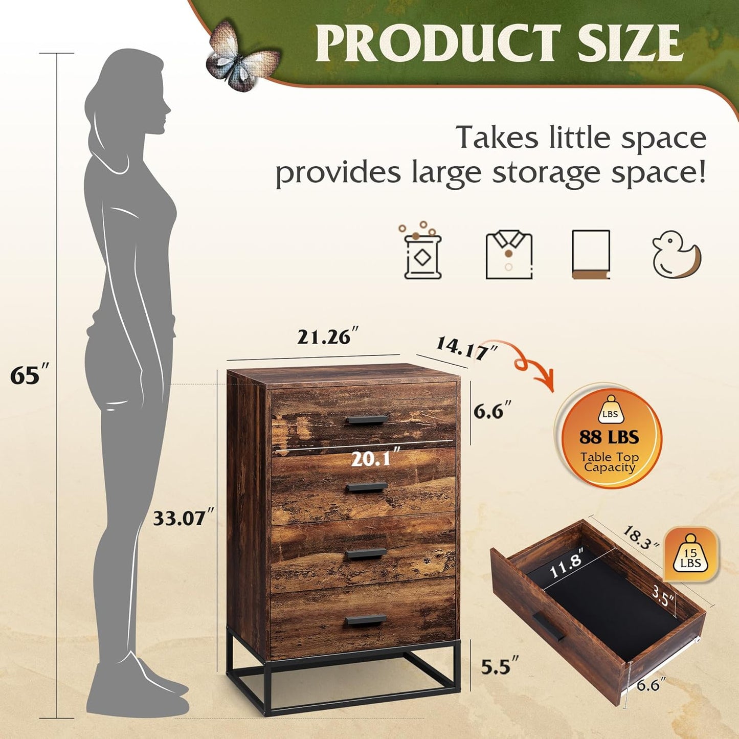 WLIVE Wood Dresser for Bedroom with 4 Drawers, Tall Dresser with Sturdy Metal Frame, Wooden Chest of Drawers for Hallway, Living Room, Closet, Brown Oak
