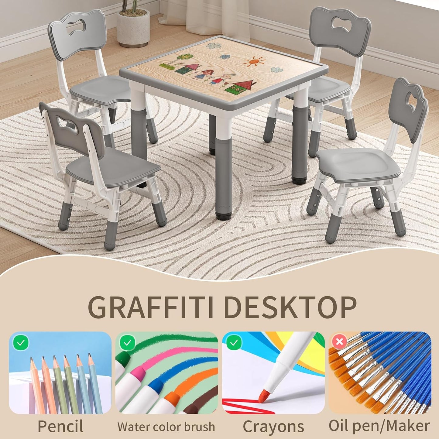 Kid Table and Chairs, Height Adjustable Childrens Table and Chair Set, Kids Tables for Age 2-8, Graffiti Desktop, Table for Kids with 4 Seats, Small Kids Table, Max 300lbs