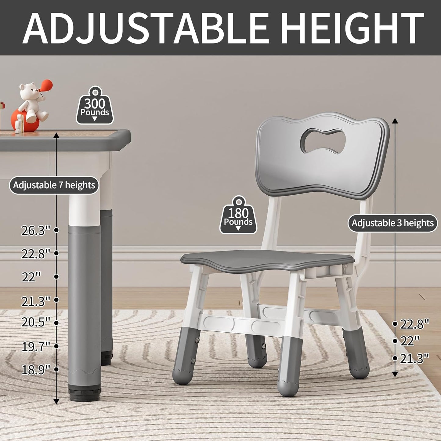 Kid Table and Chairs, Height Adjustable Childrens Table and Chair Set, Kids Tables for Age 2-8, Graffiti Desktop, Table for Kids with 4 Seats, Small Kids Table, Max 300lbs