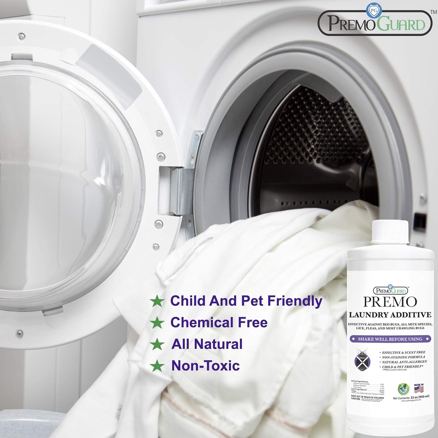 Premo Guard Bed Bug & Mite Laundry Detergent Additive 32 oz – Child & Pet Friendly – Stain & Odor Free – Best Natural Non-Toxin Treatment