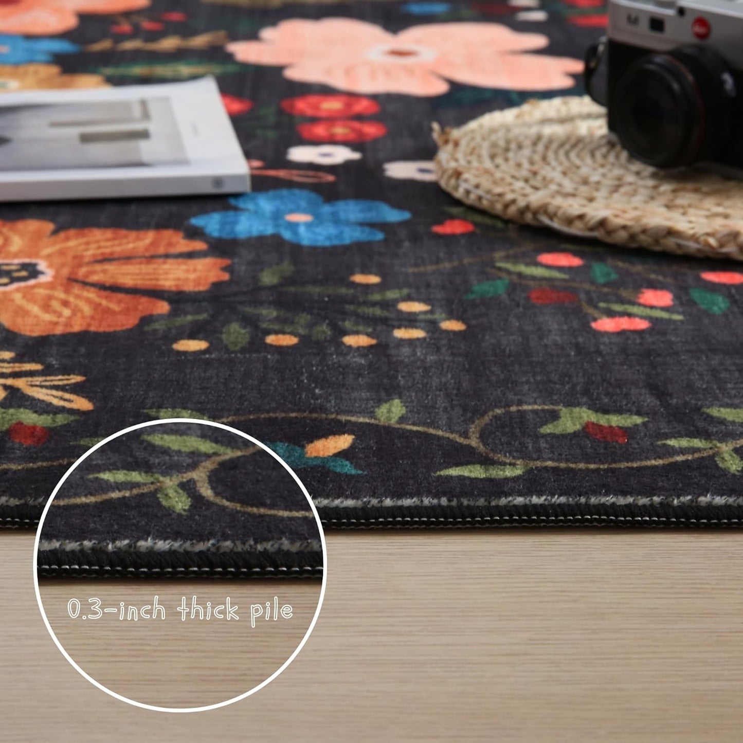 Living Room Rug 5x7 Rug Machine Washable Boho Area Rug Non Slip Floral Vintage Low Pile Large Rugs for Living Room, Bedroom, Farmhouse, Dining Room, Kids Playroom(Black)
