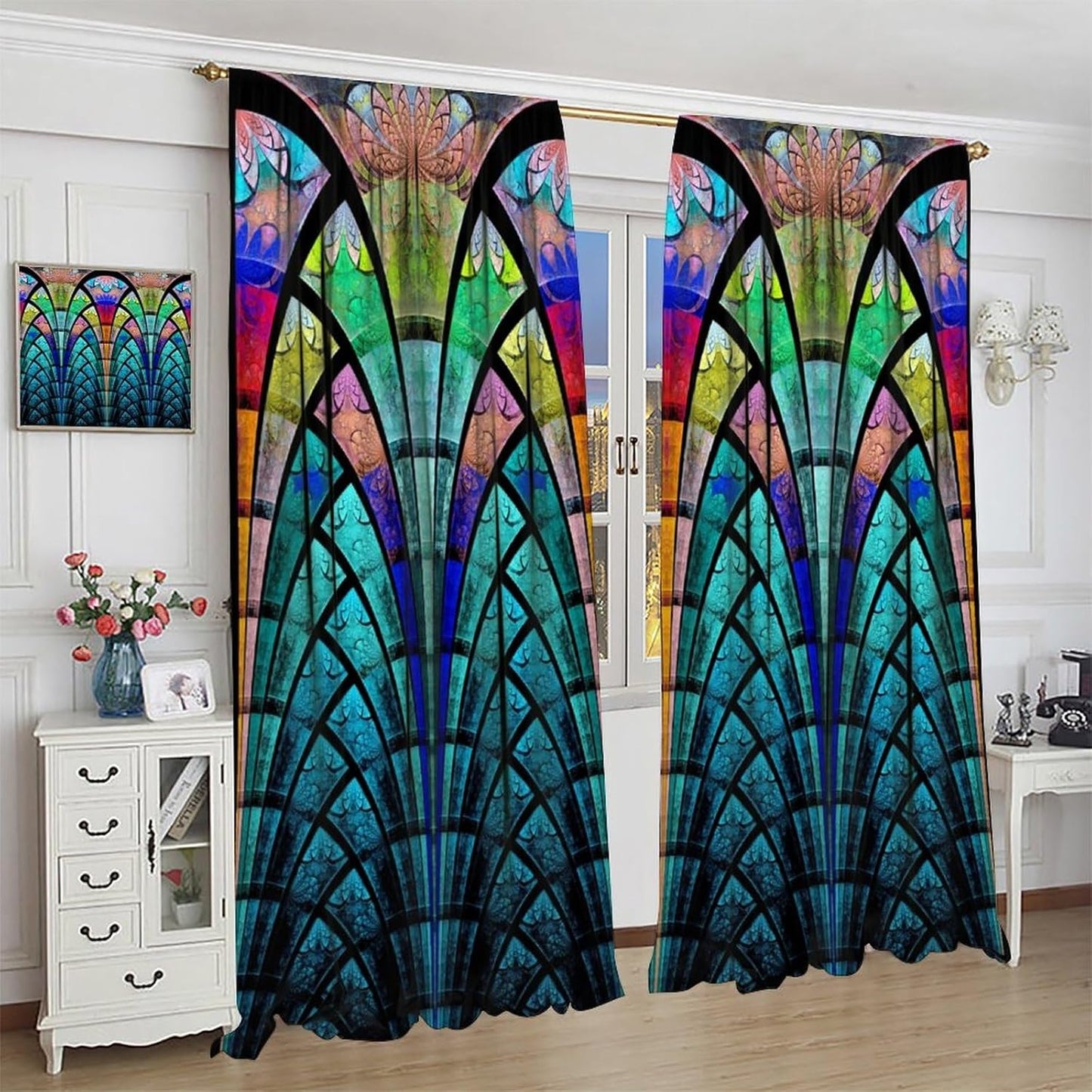 Stained Glass Curtains,Retro Design Style Colorful Abstract Art Home Decor Drapes for Bedroom Living Room Kitchen Window Treatment 2 Panels Set Total Size 72" W X 63" L Inch