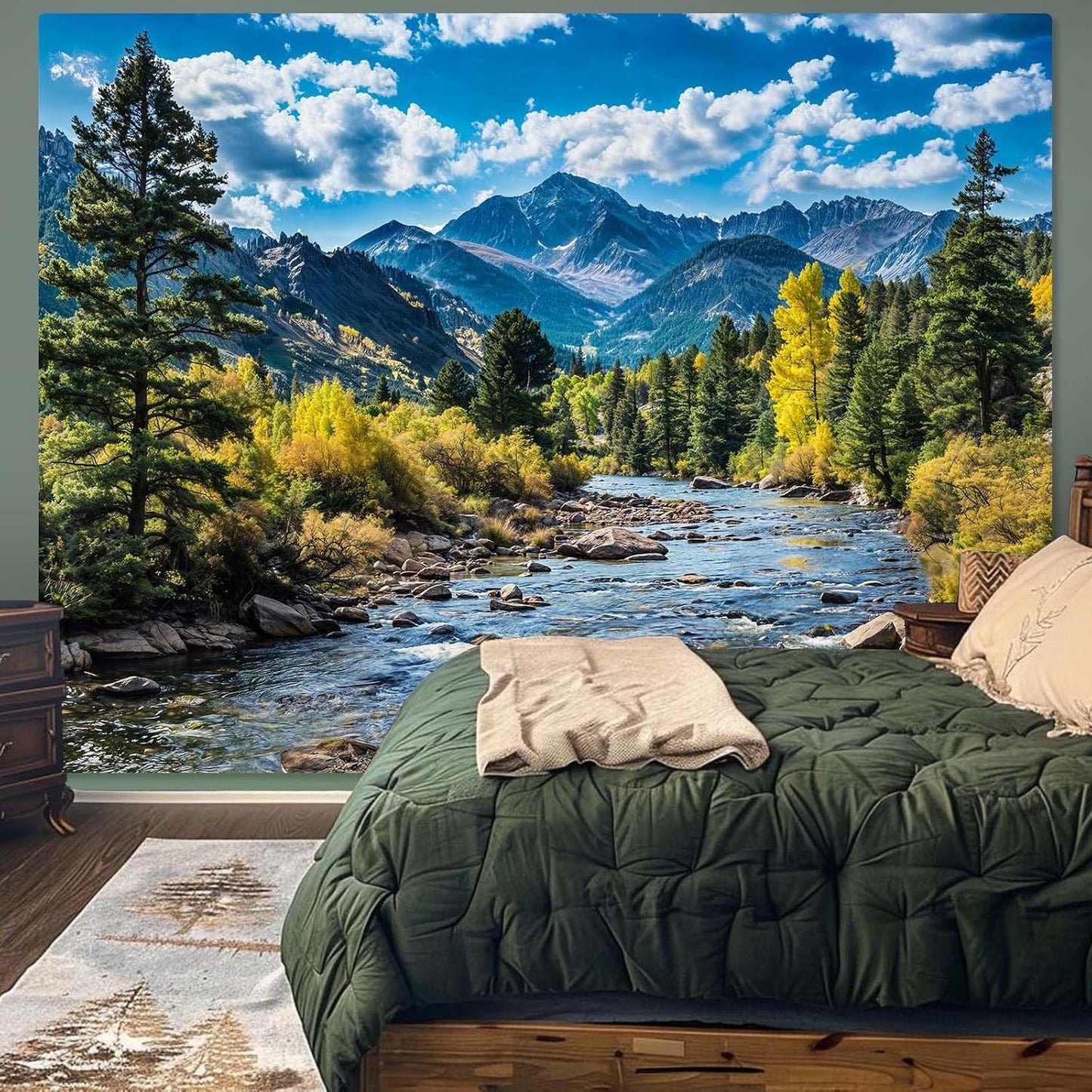 AMM Nature Forest Mountain Tapestry Green Pine Tree Tapestry for Bedroom Aesthetic White Clouds Flowing River Landscape Classroom Tapestries Wall Hanging for Living Room Dorm Office