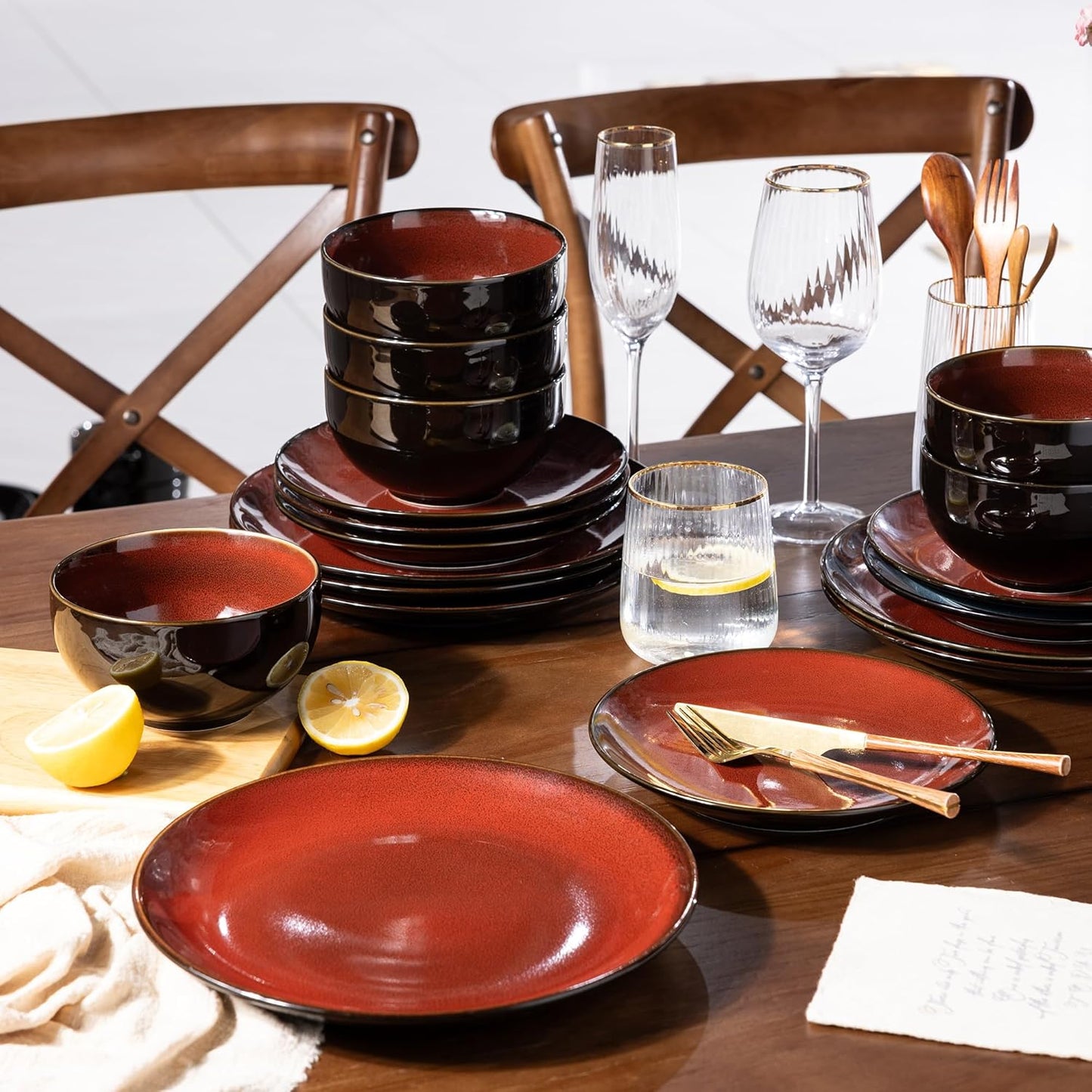 LeRatio Ceramic Dinnerware Sets for 6,Stoneware Plates and Bowls Sets,Handmade Reactive Glaze Dishes Set,Chip Resistant and Scratch Resistant | Oven&Dishwasher & Microwave Safe,Service for 6-Red
