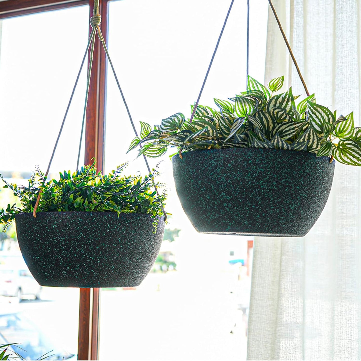 12 Inch 2 Pack Large Hanging Planters for Indoor Outdoor Plants, Plastic Hanging Basket Pots for House Plants Flowers, Black Speckles