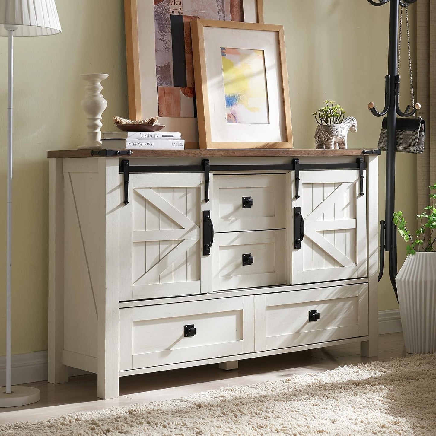 T4TREAM Farmhouse Dresser for Bedroom w/4 Drawers & Sliding Barn Doors, 48'' Wide Chest of Drawers, Rustic Dresser TV Stand w/Shelf, Organizer for Bedroom, Living Room, Entryway, Antique White