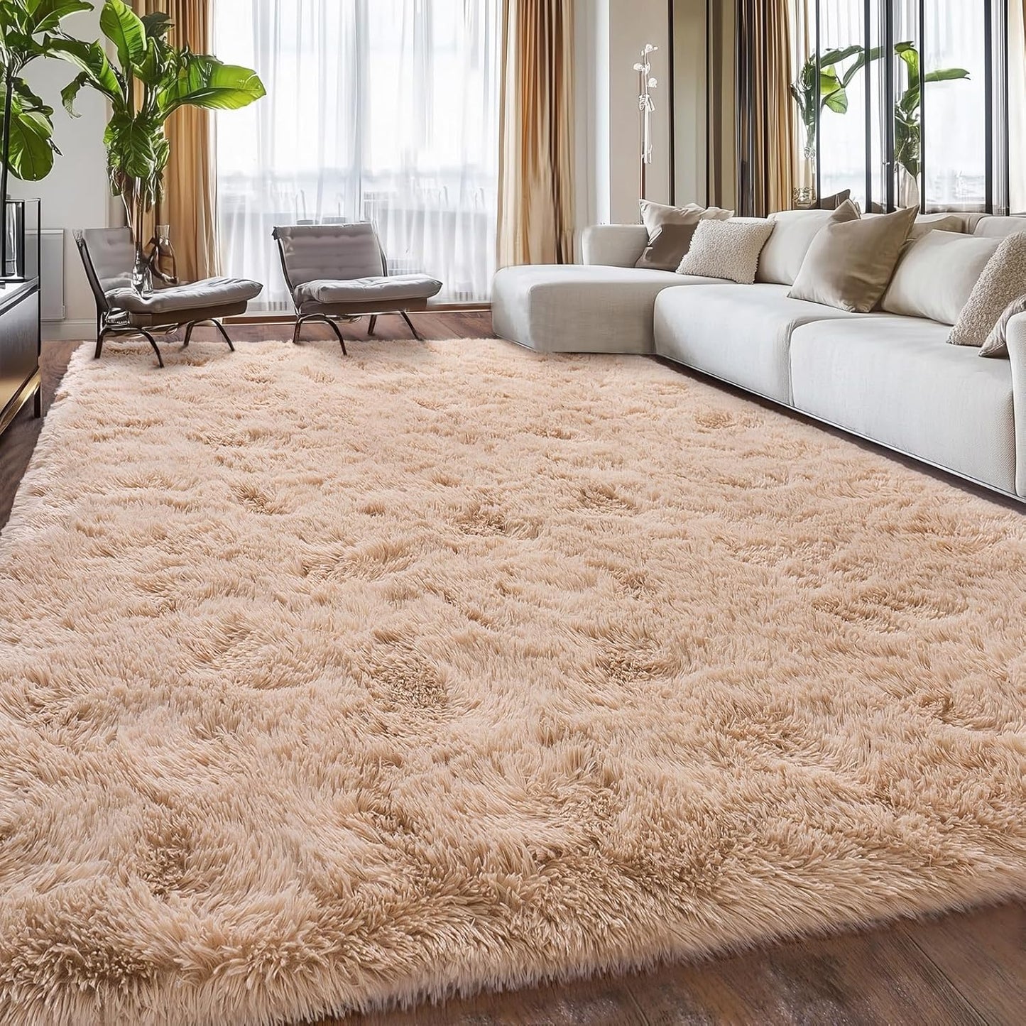 Rezutan 9x12 Feet Large Fluffy Area Rug for Bedroom Living Room, Camel Modern Indoor Carpets Room Colorful, Plush Indoor Nursery Classroom Home Decor Bedside Rug with Non-Slip Bottom