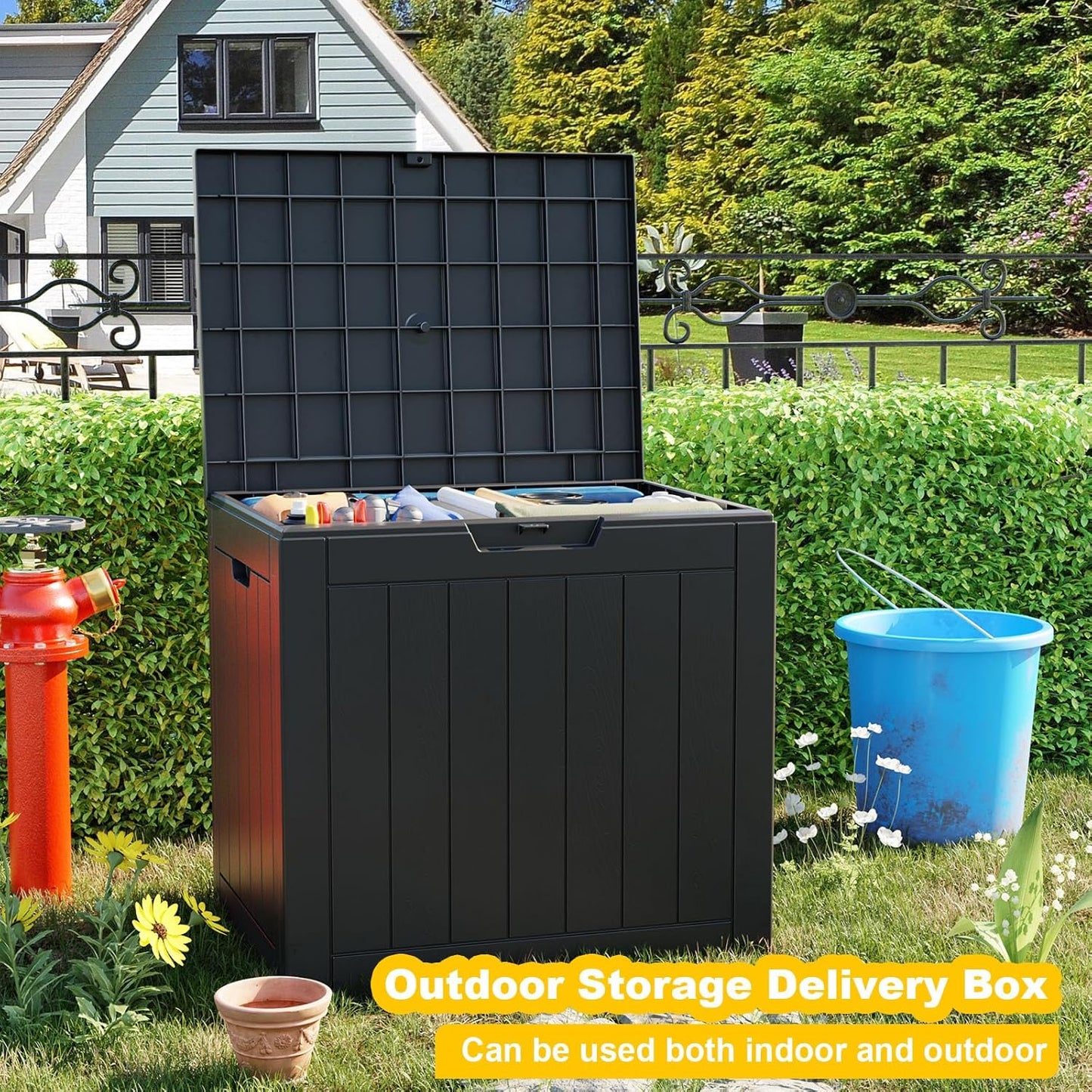 Vixzen 30 Gallon Resin Deck Box, Lockable Outdoor Storage Box for Patio Cushions Storage Furniture,Garden Tools, Pool Supplies, Weatherproof and UV Resistant- Black