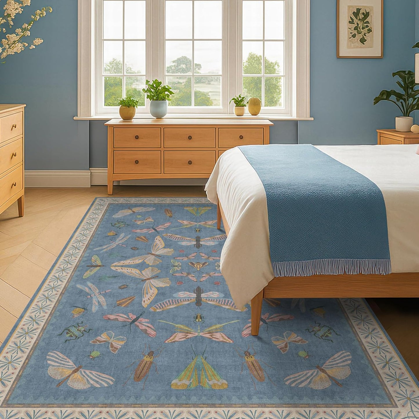 Cute Blue Rugs for Kids Room Boys - Washable 5x7 Area Rugs for Nursery, Baby Bedroom, Toddler Playroom, Insect Bug Print Carpet, Soft Non Slip Stain Resistant