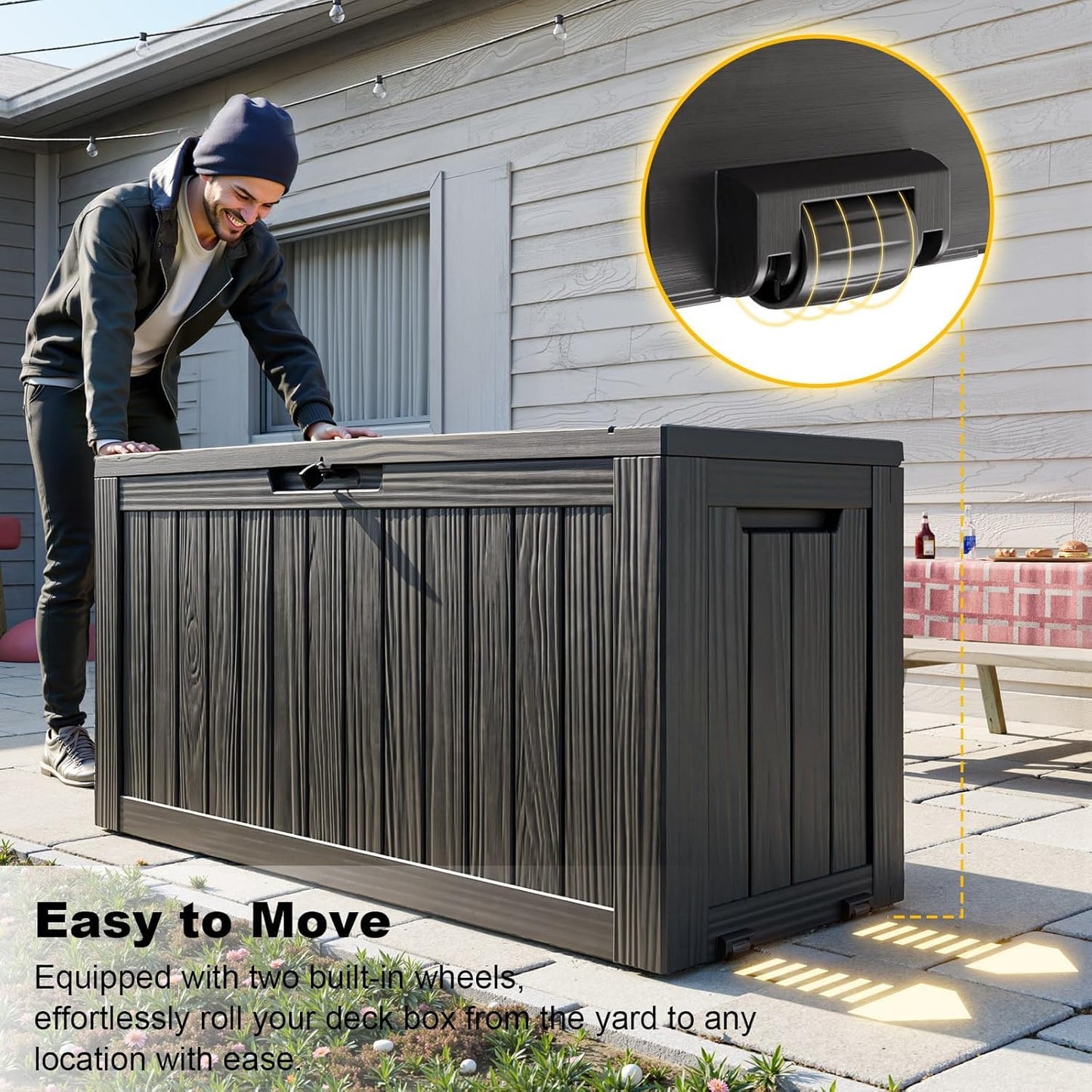 Vixzen 75 Gallon Resin Deck Box, Lockable Outdoor Storage Box for Patio Cushions Storage Furniture,Garden Tools, Pool Supplies, Weatherproof and UV Resistant- Black