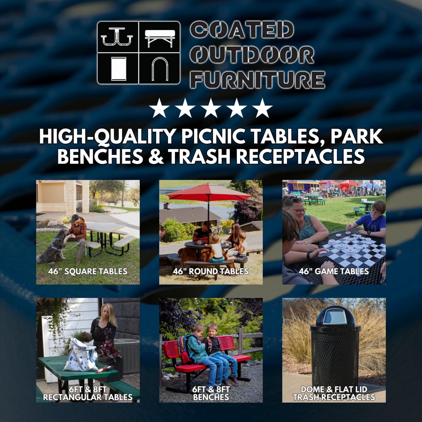 Heavy-Duty Portable Outdoor Picnic Table with Umbrella Hole, Punched Steel Commercial-Grade Patio Dining Furniture Made in America (46" Round Top, Textured Sandstone)